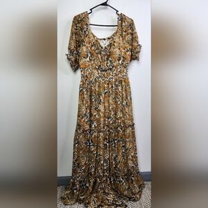 Floral Gold Rust Green Blue Maxi Dress, Lined, Large, Ruffles